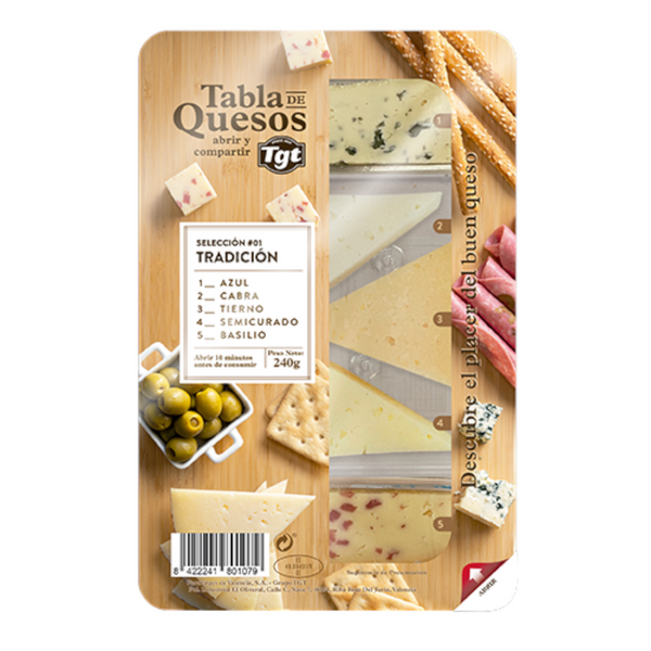 TRADICIÓN CHEESE BOARD 240 G (AZUL. CABRA. TIERNP. SEMICURADO Y BASILIO)